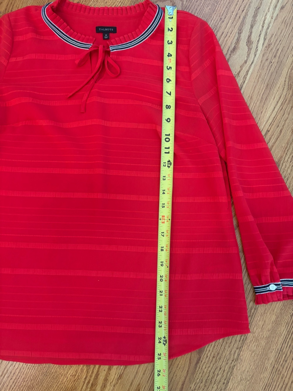 Talbots Red Textured Stripe Tie Neck Blouse Medium Nautical Trim Lined Top - Picture 9 of 10